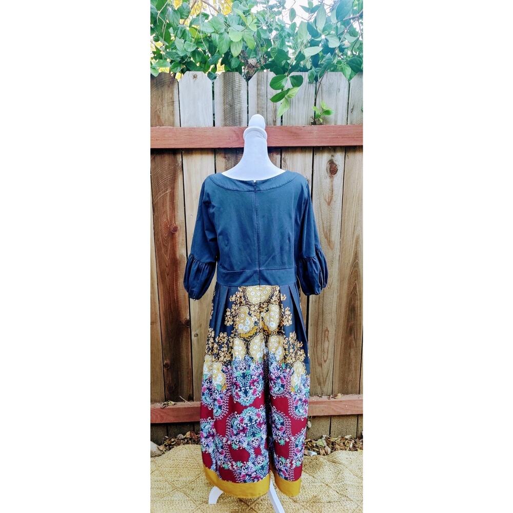 eShakti Boho Floral Dress Neck Midi Puff Sleeve Fit Flare Bell Sleeves Pockets - Picture 3 of 4
